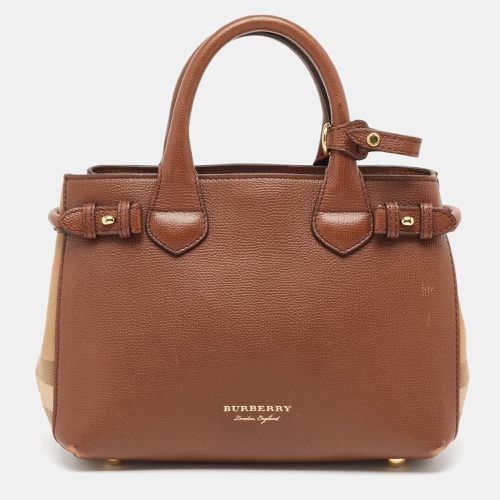 Burberry Brown/Beige Leather and House Check Fabric Small Banner Tote - Burberry - Modalova