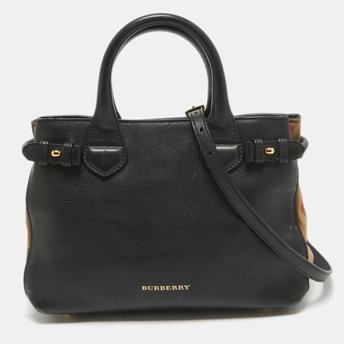 Burberry Black/Beige House Check Fabric and Leather Small Banner Tote - Burberry - Modalova