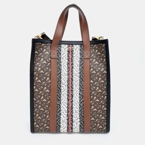 Burberry Black/Brown TB Monogram Coated Canvas, Leather Stripe Portrait Tote - Burberry - Modalova