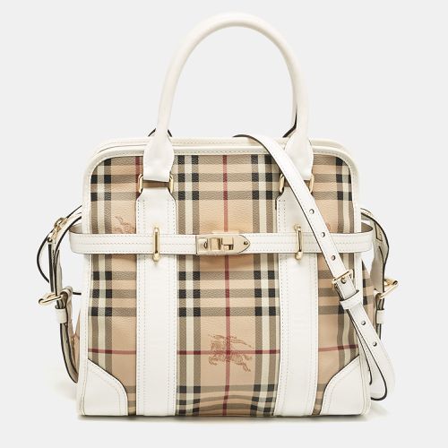 Burberry White/Beige Haymarket PVC and Leather PVC Minford Satchel - Burberry - Modalova