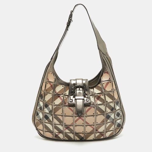 Burberry Metallic/Beige Nova Check Canvas and Leather Studded Brooke Warrior Hobo - Burberry - Modalova