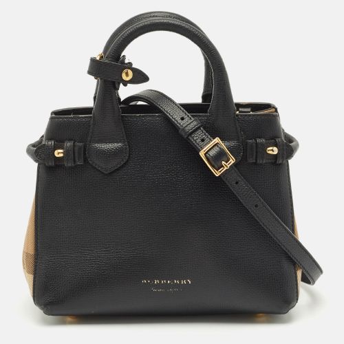 Burberry Black/Beige Leather and House Check Fabric Mini Banner Tote - Burberry - Modalova