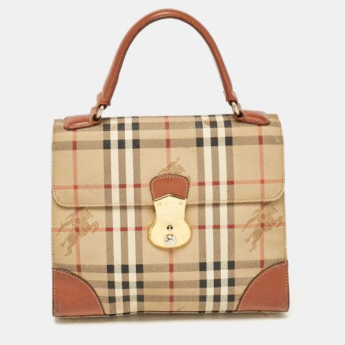 Burberry Beige/Brown Haymarket Coated Canvas and Leather Pushlock Top Handle Bag - Burberry - Modalova