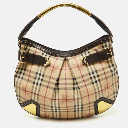 Burberry Dark Brown/Beige House Check PVC and Leather Studded Hartley Hobo - Burberry - Modalova