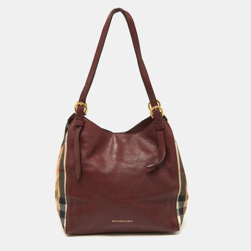 Burberry Burgundy/Beige House Check Fabric and Leather Small Canterbury Tote - Burberry - Modalova