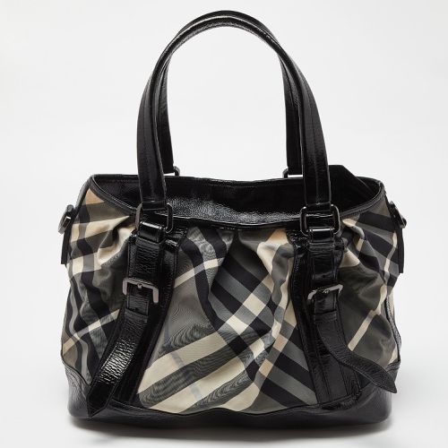 Burberry Black/Grey Beat Check Canvas and Patent Leather Lowry Tote - Burberry - Modalova