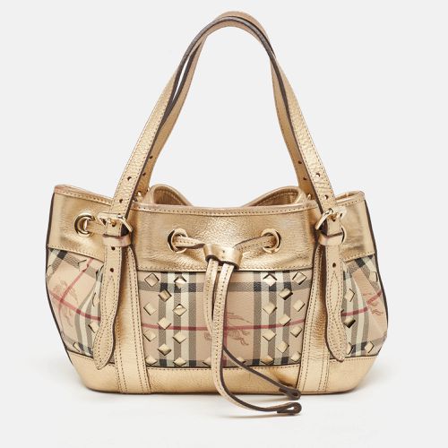 Burberry Gold/Beige Haymarket Check Laser Cut Coated Canvas and Leather Drawstring Tote - Burberry - Modalova