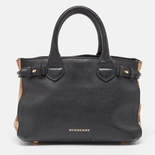 Burberry Black/Beige Leather and House Check Fabric Small Banner Tote - Burberry - Modalova