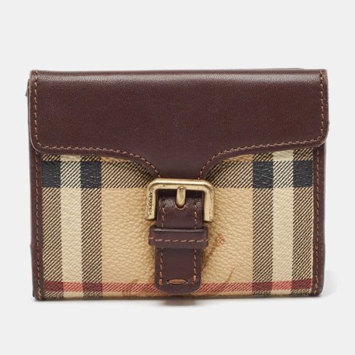 Burberry Brown/Beige Haymarket Check Coated Canvas and Leather Buckle Flap Compact Wallet - Burberry - Modalova