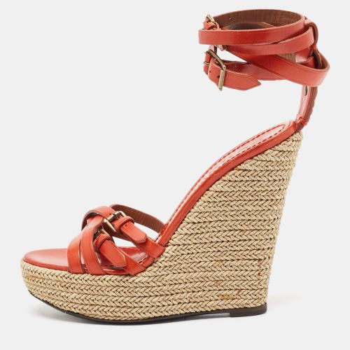 Burberry Orange Leather Espadrille Wedge Ankle Wrap Sandals Size 38 - Burberry - Modalova