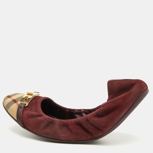 Burberry Burgundy Suede and Nova Check Canvas Drayton Twistlock Scrunch Ballet Flats Size 39.5 - Burberry - Modalova