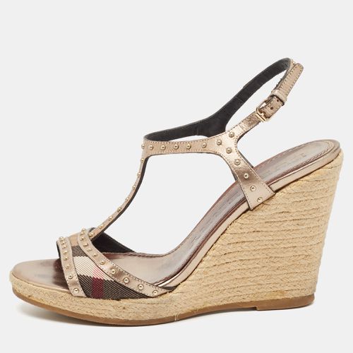 Burberry Beige/Brown Canvas and Leather Ankle Strap Espadrille Wedge Sandals Size 38.5 - Burberry - Modalova