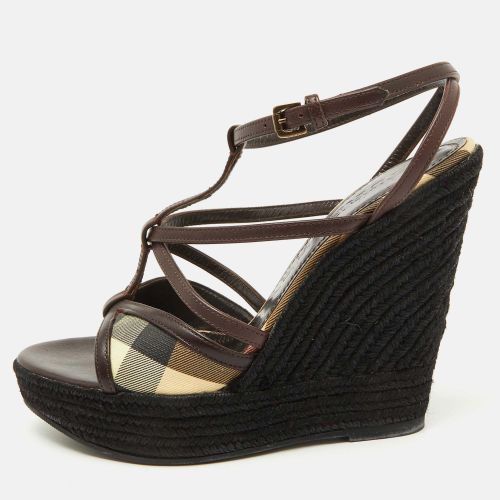 Burberry Brown/Beige Leather and Check PVC Platform Wedge Espadrille Sandals Size 38 - Burberry - Modalova