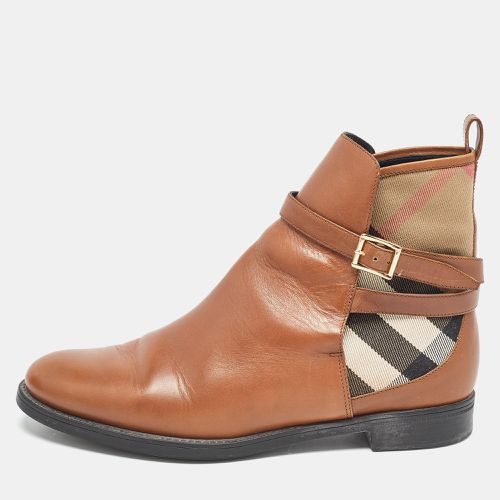 Burberry Brown Leather and Check Canvas Buckle Detail Ankle Boots Size 39 - Burberry - Modalova