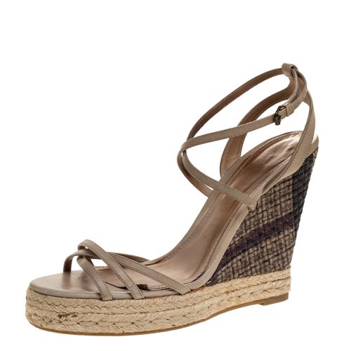 Pale Strappy Leather Woven Wedge Espadrille Sandals Size 39 - Burberry - Modalova