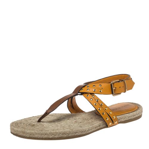 Burberry Brown/Mustard Yellow Leather Studded Thong Ankle Strap Flats Size 39.5 - Burberry - Modalova