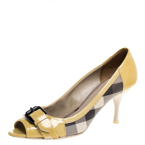 Burberry Yellow/Beige Check PVC and Patent Leather Buckle Peep Toe Pumps Size 38 - Burberry - Modalova