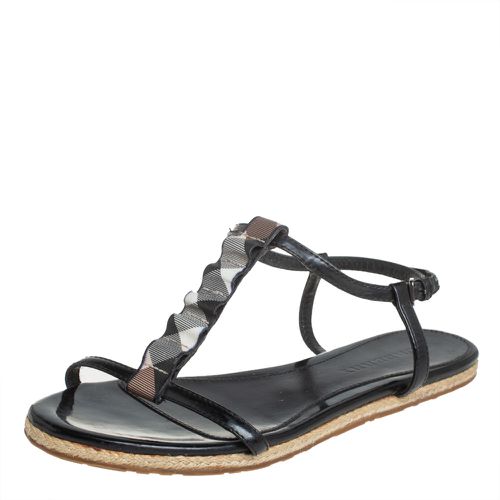 Burberry Black Leather Westerdale T Strap Espadrille Flat Sandals Size 40 - Burberry - Modalova