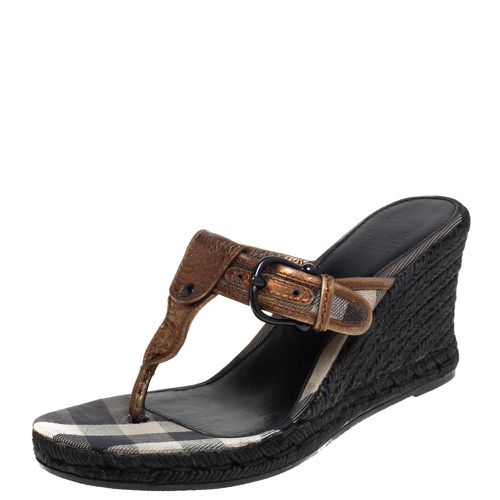 Burberry Metallic Bronze Leather Wedge Espadrille Thong Slide Sandals Size 39 - Burberry - Modalova