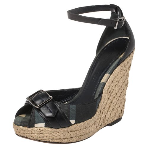 Burberry Black Leather and Novacheck Canvas Buckle Detail Peep Toe Espadrille Wedge Sandals Size 36 - Burberry - Modalova