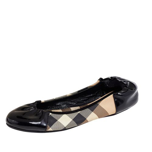 Burberry Black Patent Leather And Nova Check Coated Canvas Scrunch Ballet Flats Size 36 - Burberry - Modalova