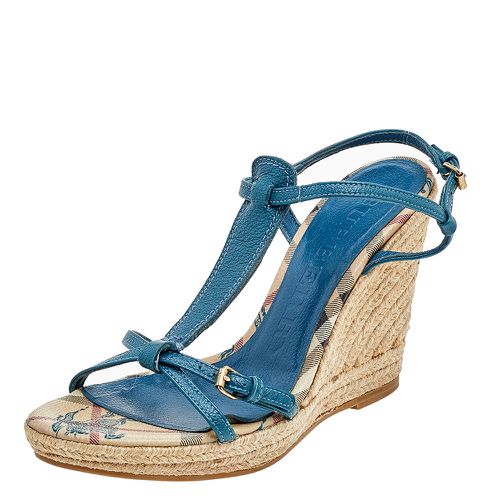 Burberry Blue Leather Strappy Espadrille Platform Wedge Sandals Size 37 - Burberry - Modalova