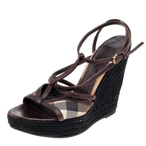 Burberry Brown Canvas And Leather Wedge Sandals Size 39 - Burberry - Modalova