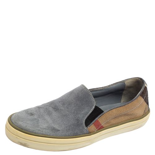 Burberry Ash Blue Suede and House Check Canvas Slip-On Sneakers Size 36.5 - Burberry - Modalova