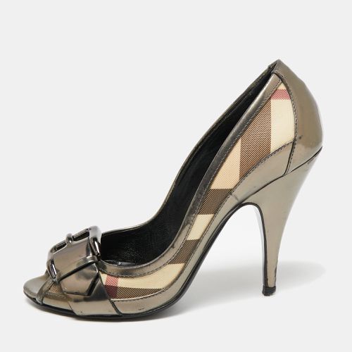 Grey Leather And House Check Canvas Buckle Peep Toe Pumps Size 37 - Burberry - Modalova