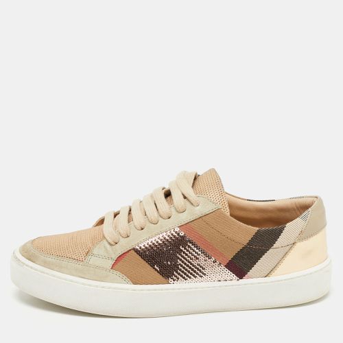 Burberry Beige/Rose Gold House Check Canvas and Suede Salmond Sequins Low Top Sneakers Size 37.5 - Burberry - Modalova