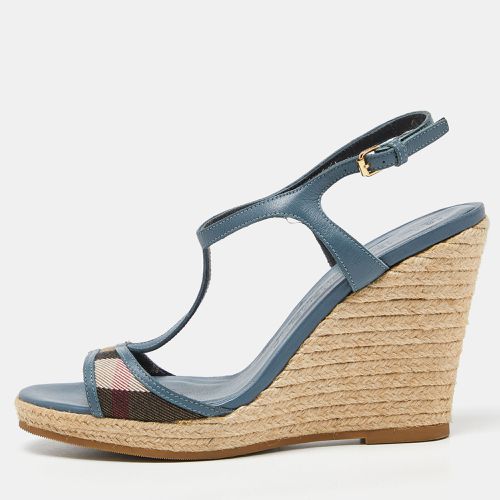 Burberry Blue/Brown Leather and House Check Canvas Espadrille Wedge Ankle Strap Sandals Size 38 - Burberry - Modalova