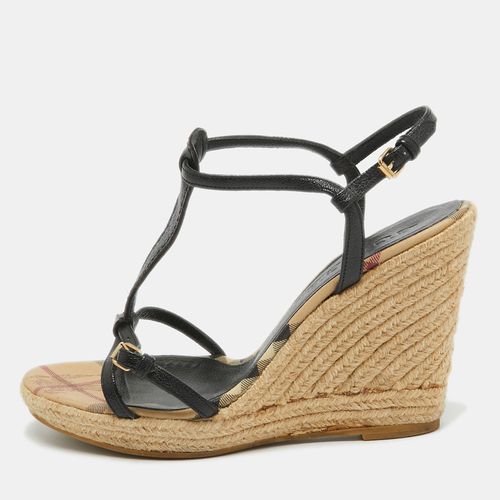 Burberry Black Leather T-Bar Espadrille Wedge Sandals Size 39 - Burberry - Modalova