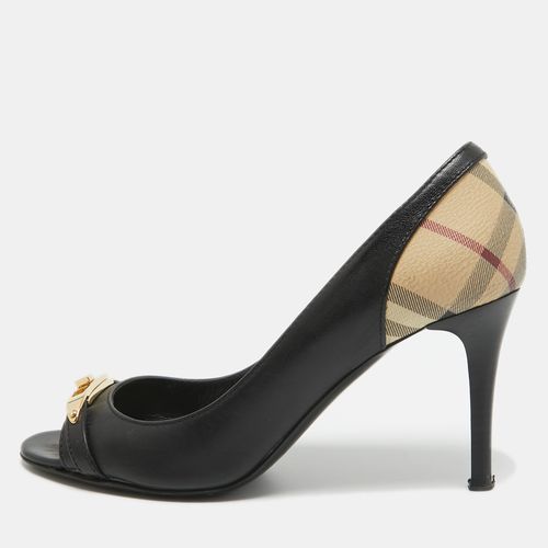 Beige Leather and Check Coated Canvas Embellished Open Toe Pumps Size 38 - Burberry - Modalova