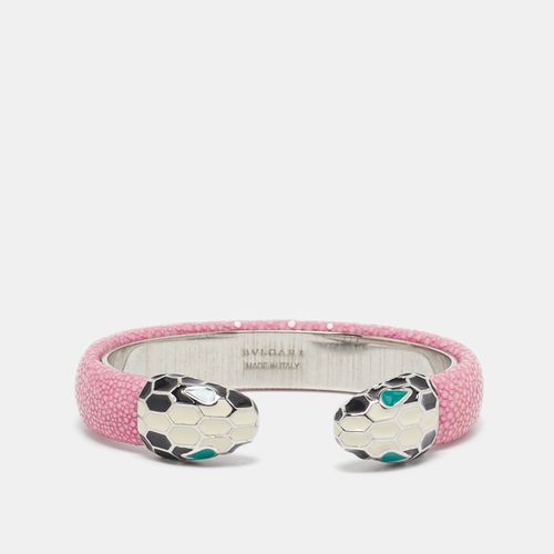 Bvlgari Serpenti Forever Enamel Pink Galuchat Leather SIlver Tone Open Cuff Bracelet - Bvlgari - Modalova