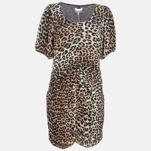 Ganni Brown Brown Leopard Print Jersey Mesh Ruched Mini Dress L - Ganni - Modalova