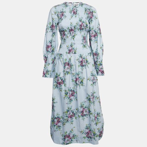 Ganni Blue Floral Print Shirred Cotton Midi Dress XS - Ganni - Modalova