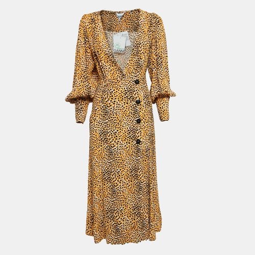 Ganni Yellow Leopard Print Crepe Buttoned Midi Dress S - Ganni - Modalova