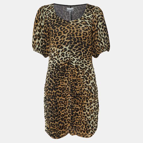 Ganni Brown Animal Printed Mesh Ruched Mini Dress S - Ganni - Modalova