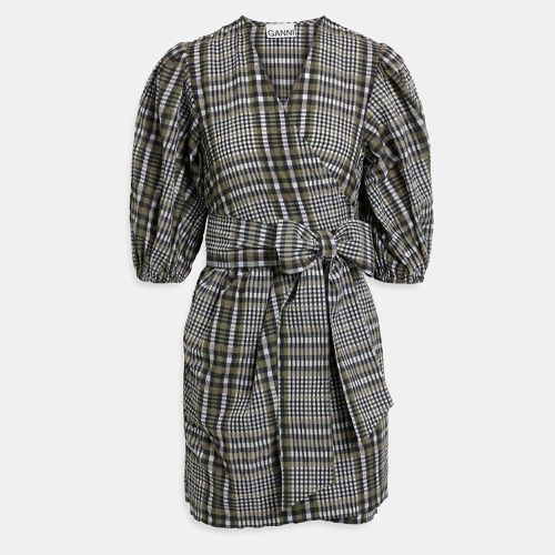 Ganni Black/Green Checked Cotton Mini Wrap Dress L (EU 40) - Ganni - Modalova