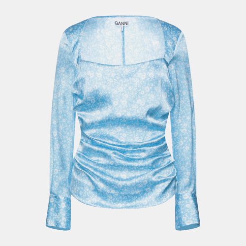 Ganni Blue Printed Silk Ruched Top L (EU 40) - Ganni - Modalova