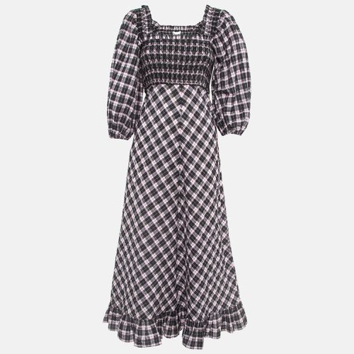 Ganni Black/Sweet Lilac Checked Cotton Blend Smocked Seersucker Maxi Dress XS - Ganni - Modalova