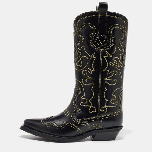 Ganni Black Leather Contrast Stitch Mid Calf Cowboy Boots Size 38 - Ganni - Modalova