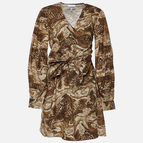 Ganni Brown Abstract Print Poplin Wrap Dress S - Ganni - Modalova