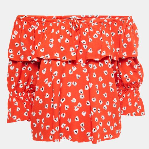 Ganni Orange Floral Printed Crepe Ruffled Top S - Ganni - Modalova