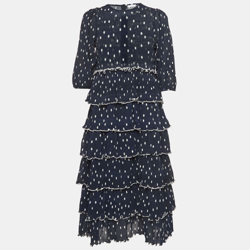 Ganni Navy Blue Polka Dot Pleated Crepe Tiered Midi Dress M - Ganni - Modalova