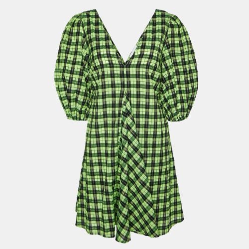 Ganni Neon Green/Black Checkered Cotton Puff Sleeve Dress XS - Ganni - Modalova