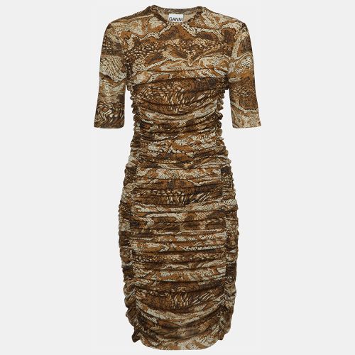 Ganni Brown Snake Print Jersey Ruched Mini Dress S - Ganni - Modalova