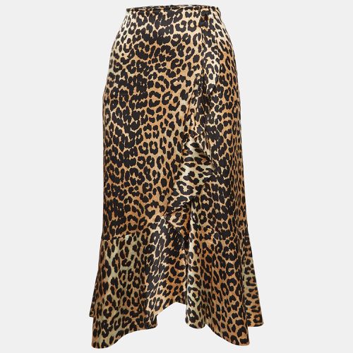 Ganni Brown Leopard Print Satin Ruffled Midi Skirt S - Ganni - Modalova