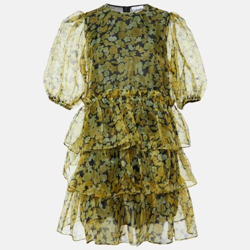 Floral Print Organza Tiered Mini Dress L - Ganni - Modalova