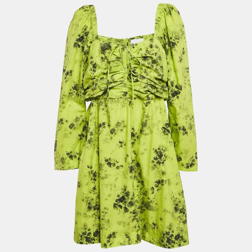 Ganni Green Floral Print Cotton Gathered Mini Dress L - Ganni - Modalova